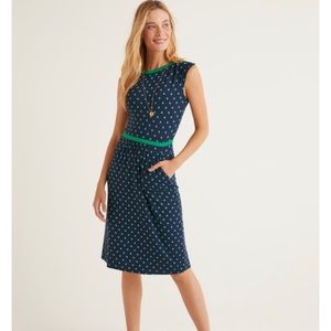 Boden Navy and Green Polka Dot Midi Dress
